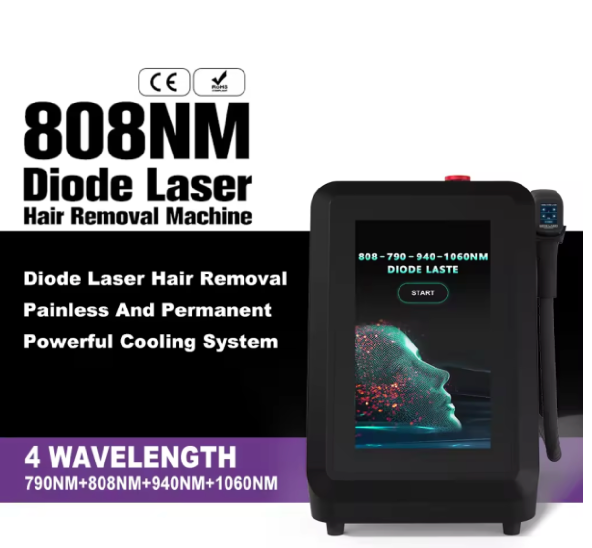 Four wavelength (790nm, 808nm, 940nm, 1060nm) diode laser hair removal machine for sale.