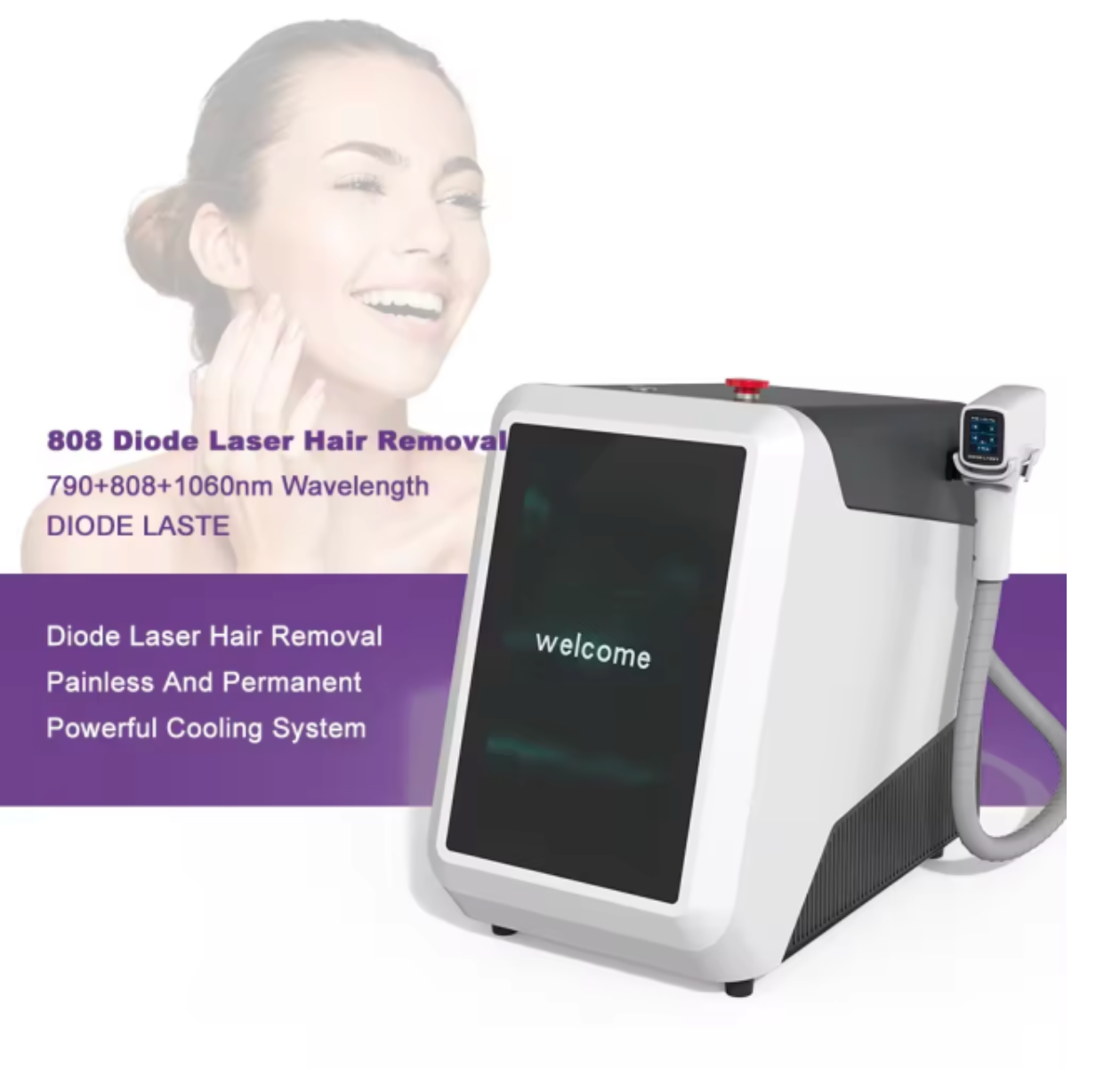 Portable hair removal machine with 3 wavelength diode laser (808nm, 790nm, 1060nm).